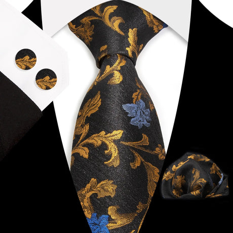 Gold Black Classic Floral Paisley Silk 8.5cm Handkerchief Cufflinks Necktie