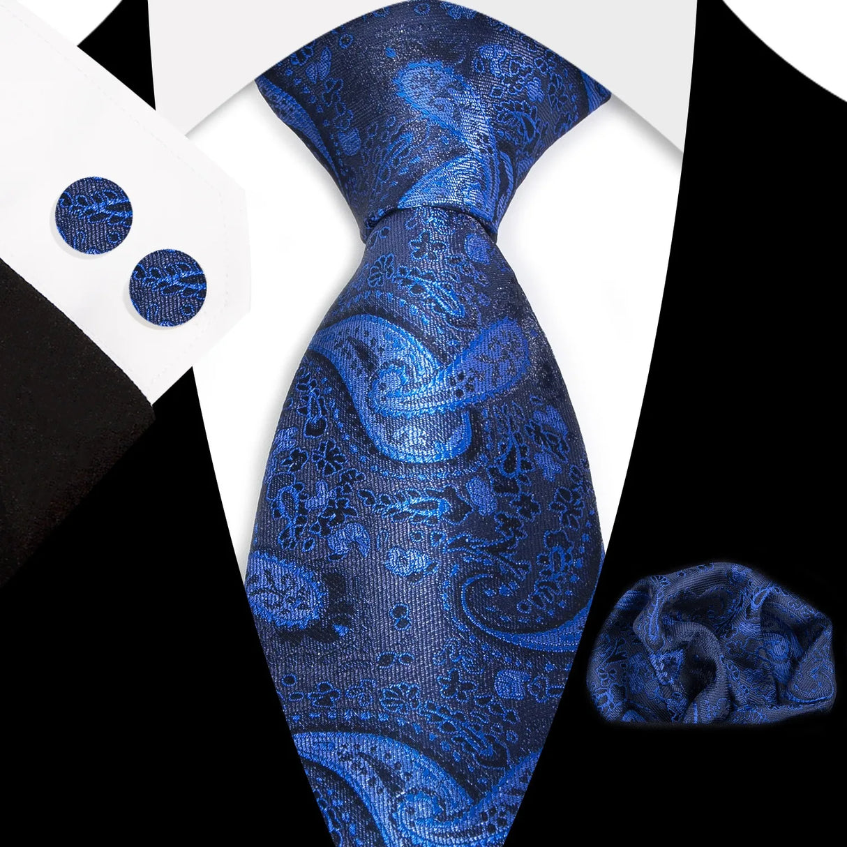 Blue Classic Floral Paisley Silk 8.5cm Handkerchief Cufflinks  Necktie