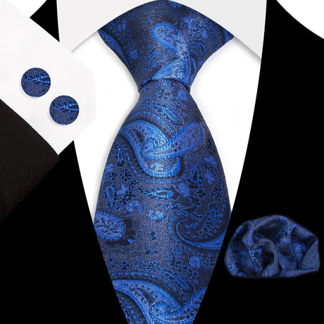 Blue Classic Floral Paisley Silk 8.5cm Handkerchief Cufflinks  Necktie