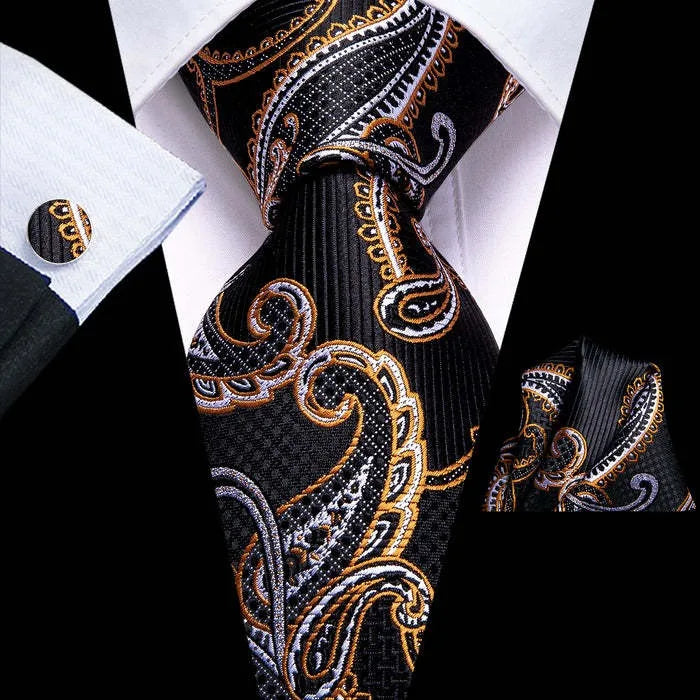 Black Gold Classic Floral Paisley Silk 8.5cm Handkerchief Cufflinks  Necktie