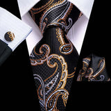 Black Gold Classic Floral Paisley Silk 8.5cm Handkerchief Cufflinks  Necktie