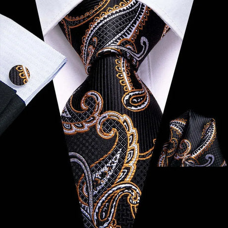 Black Gold Classic Floral Paisley Silk 8.5cm Handkerchief Cufflinks  Necktie