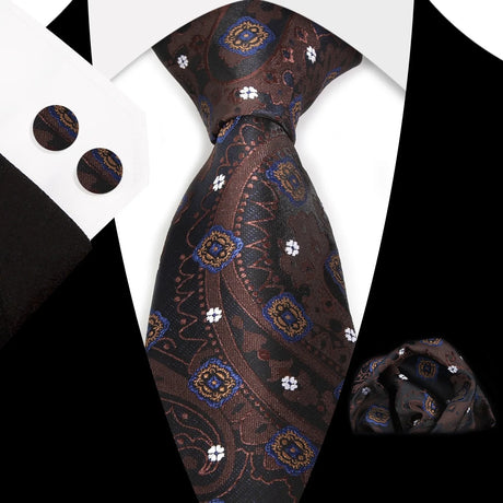 Brown Classic Floral Paisley Silk 8.5cm Handkerchief Cufflinks  Necktie