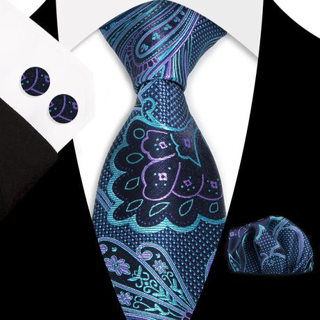 Blue Classic Floral Paisley Silk 8.5cm Handkerchief Cufflinks  Necktie