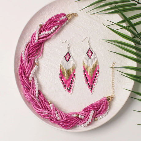 Pink Classic Glass Multi Layer Rice Beads Ethnic Necklace