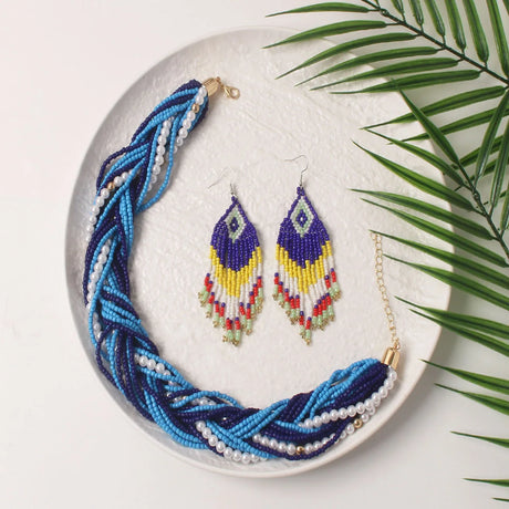 Blue Classic Glass Multi Layer Rice Beads Ethnic Necklace