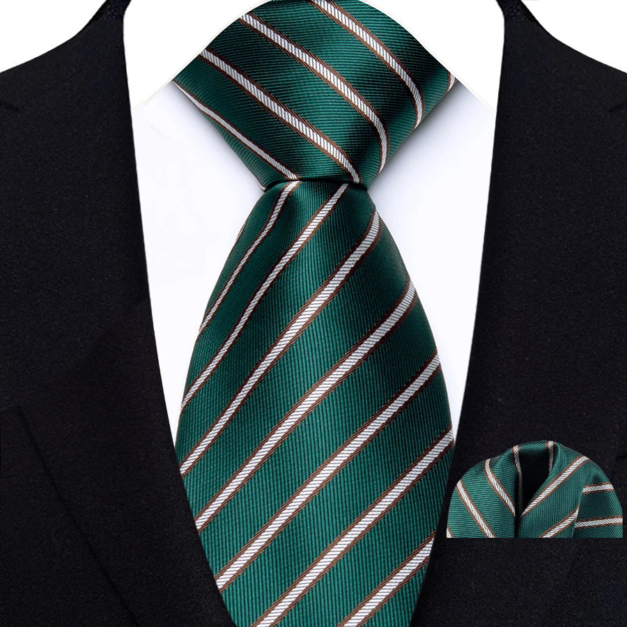 Green Classic Luxury Stripes Handkerchief Hanky Necktie Set