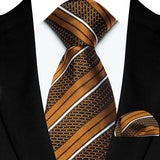 Gold Classic Luxury Stripes Handkerchief Hanky Necktie Set