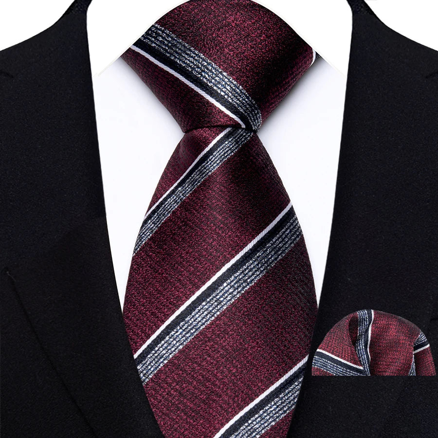 Red Gray Classic Luxury Stripes Handkerchief Hanky Necktie Set