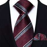 Red Gray Classic Luxury Stripes Handkerchief Hanky Necktie Set