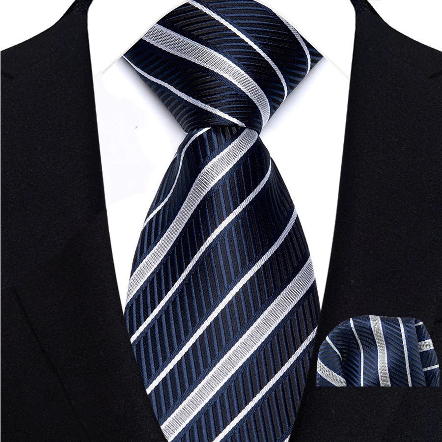 Blue White Classic Luxury Stripes Handkerchief Hanky Necktie Set
