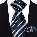 Blue White Classic Luxury Stripes Handkerchief Hanky Necktie Set