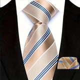 Brown Classic Luxury Stripes Handkerchief Hanky Necktie Set