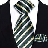 Green Classic Luxury Stripes Handkerchief Hanky Necktie Set