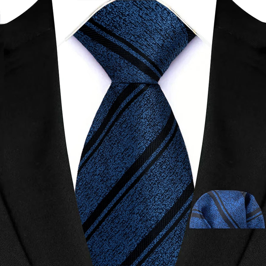 Blue Classic Luxury Stripes Handkerchief Hanky Necktie Set