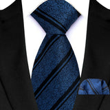 Blue Classic Luxury Stripes Handkerchief Hanky Necktie Set