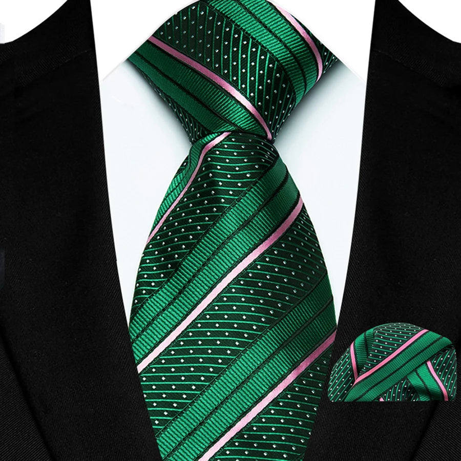 Green Classic Luxury Stripes Handkerchief Hanky Necktie Set