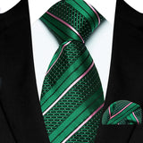Green Classic Luxury Stripes Handkerchief Hanky Necktie Set