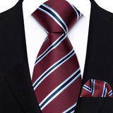 Red Classic Luxury Stripes Handkerchief Hanky Necktie Set