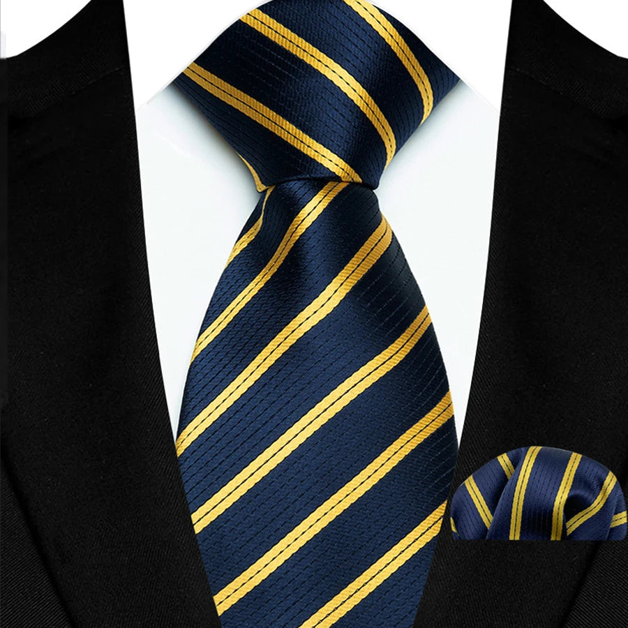 Blue Yellow Classic Luxury Stripes Handkerchief Hanky Necktie Set