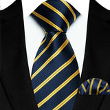 Blue Yellow Classic Luxury Stripes Handkerchief Hanky Necktie Set