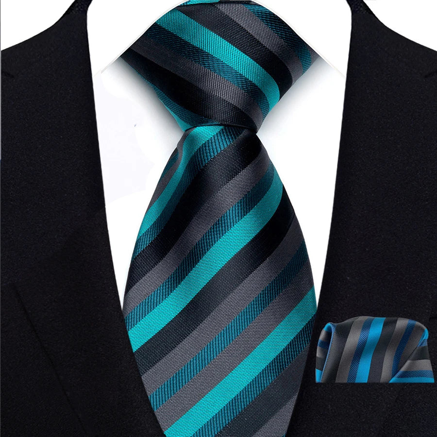 Black Green Classic Luxury Stripes Handkerchief Hanky Necktie Set