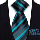 Black Green Classic Luxury Stripes Handkerchief Hanky Necktie Set