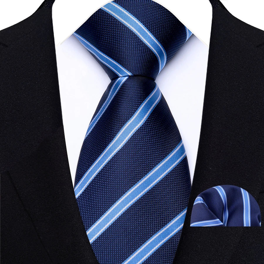 Blue Classic Luxury Stripes Handkerchief Hanky Necktie Set