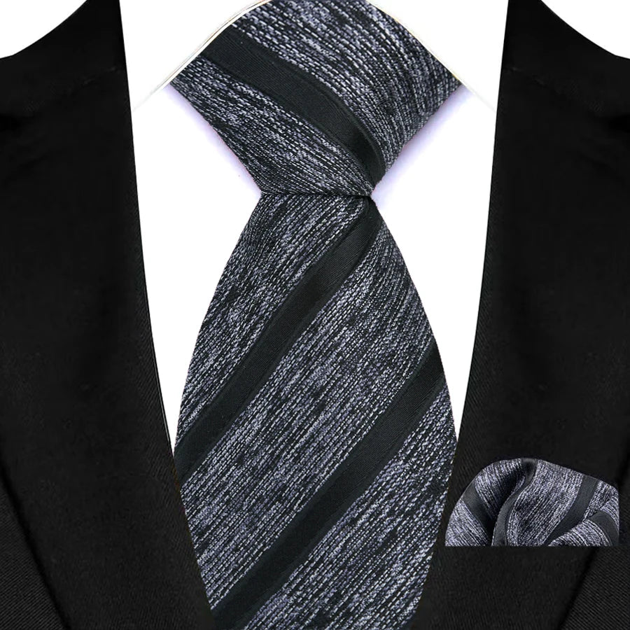 Gray Classic Luxury Stripes Handkerchief Hanky Necktie Set