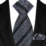 Gray Classic Luxury Stripes Handkerchief Hanky Necktie Set