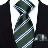 Green Classic Luxury Stripes Handkerchief Hanky Necktie Set