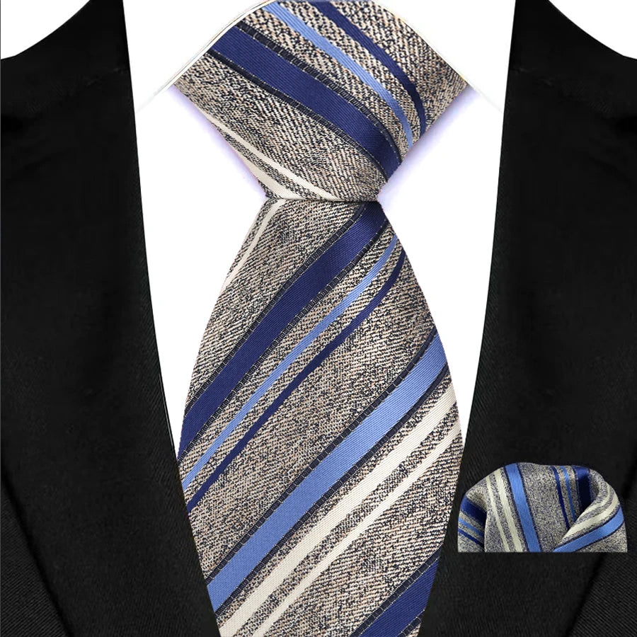 Gray Blue Classic Luxury Stripes Handkerchief Hanky Necktie Set