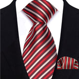 Red Classic Luxury Stripes Handkerchief Hanky Necktie Set