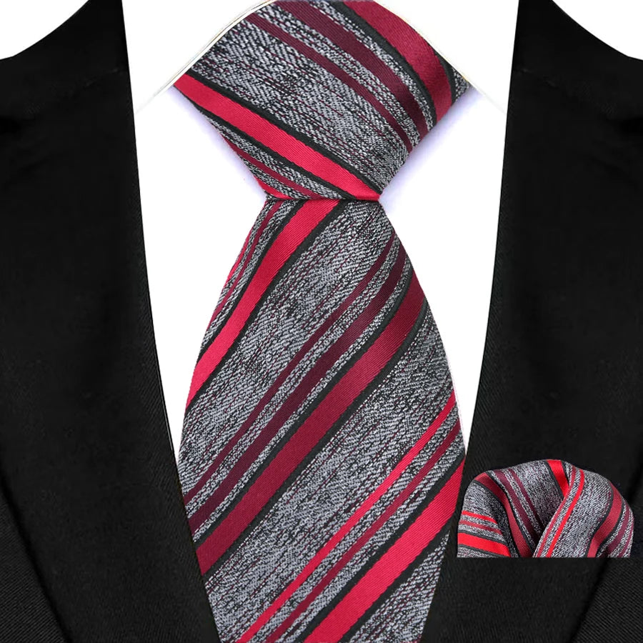Gray Red Classic Luxury Stripes Handkerchief Hanky Necktie Set