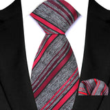 Gray Red Classic Luxury Stripes Handkerchief Hanky Necktie Set
