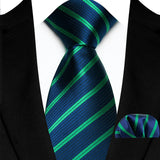 Blue Green Classic Luxury Stripes Handkerchief Hanky Necktie Set