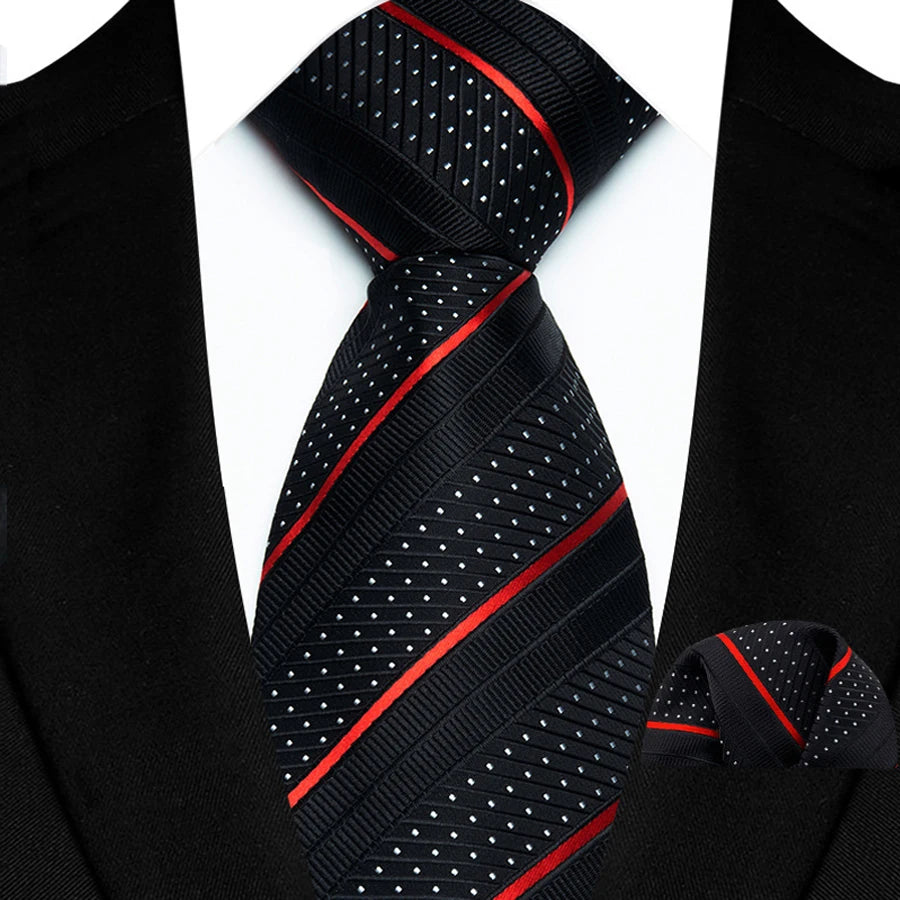 Black Red Classic Luxury Stripes Handkerchief Hanky Necktie Set
