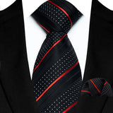 Black Red Classic Luxury Stripes Handkerchief Hanky Necktie Set