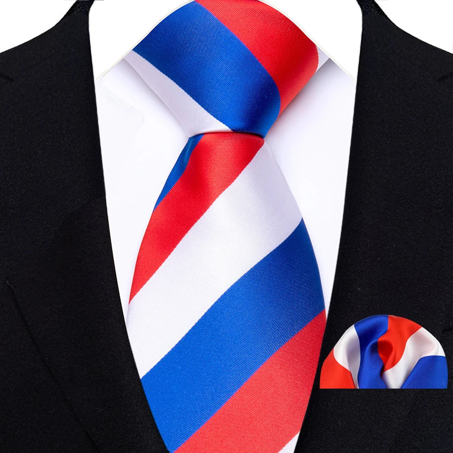 Blue Red White Classic Luxury Stripes Tie Handkerchief Set