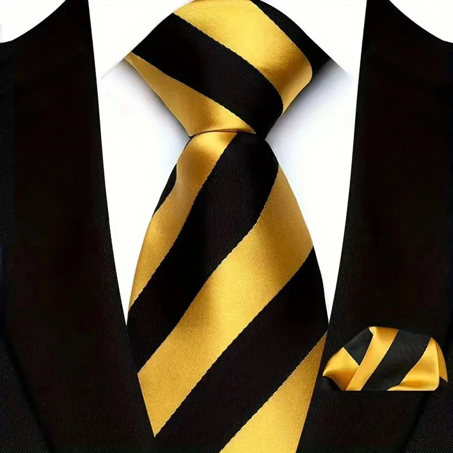Yellow Black Classic Luxury Stripes Tie Handkerchief Set