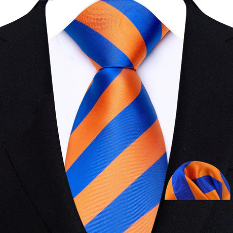 Blue Orange Classic Luxury Stripes Tie Handkerchief Set