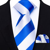 Blue White Classic Luxury Stripes Tie Handkerchief Set
