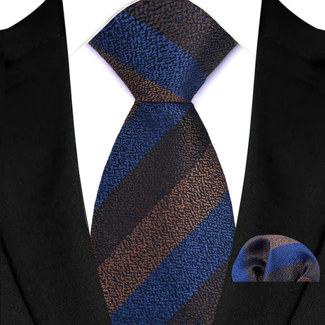 Brown Blue Classic Luxury Stripes Tie Handkerchief Set