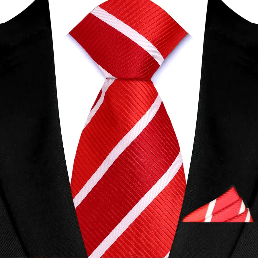 Red Classic Luxury Stripes Tie Handkerchief Set