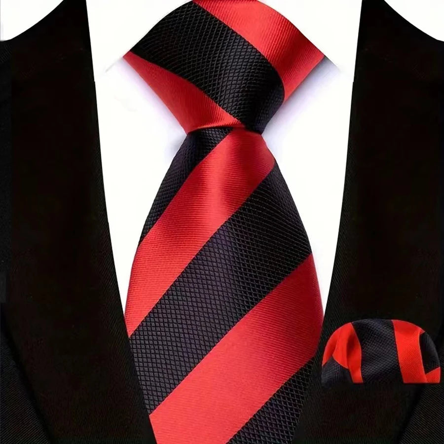 Red Black Classic Luxury Stripes Tie Handkerchief Set