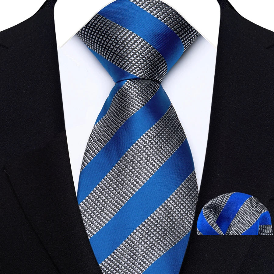Blue Gray Classic Luxury Stripes Tie Handkerchief Set