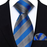 Blue Gray Classic Luxury Stripes Tie Handkerchief Set