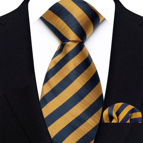 Black Yellow Classic Luxury Stripes Tie Handkerchief Set