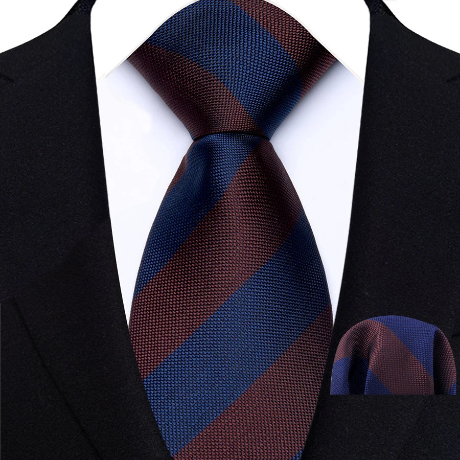Blue Brown Classic Luxury Stripes Tie Handkerchief Set