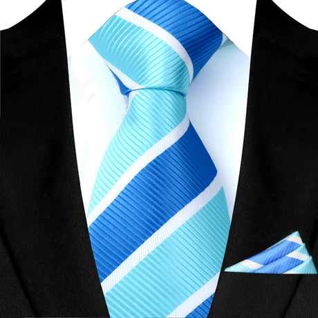 Blue Classic Luxury Stripes Tie Handkerchief Set